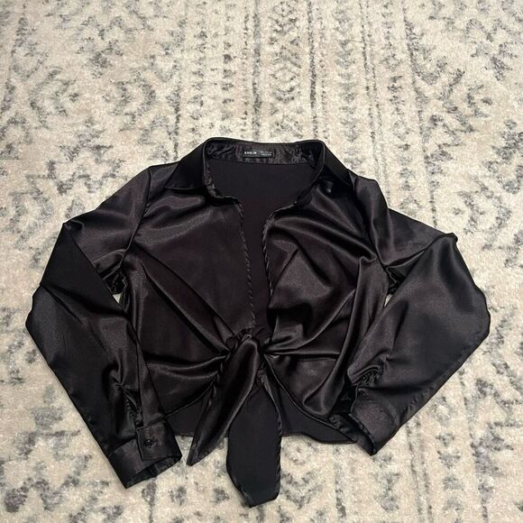 SHEIN Black Silk Tie Front Blouse - Picture 5 of 5